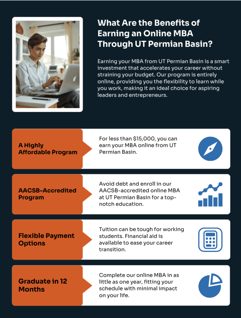 Affordable online MBA, accelerated timeline, and global accreditation: Discover why UT Permian Basin’s MBA is a smart choice for your future. 