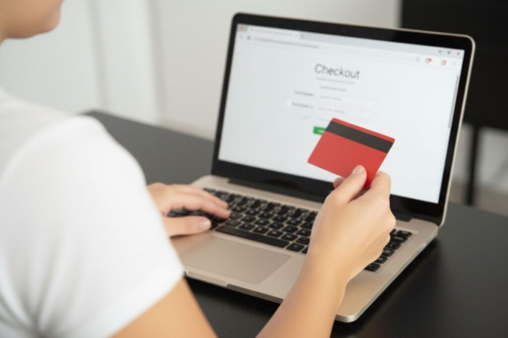 A woman holds a credit card while shopping online on a laptop. 