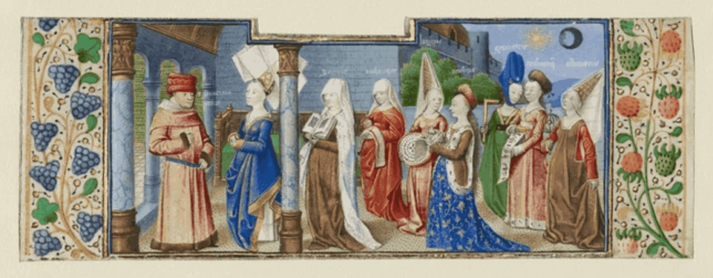 Medieval-style illuminated manuscript scene of robed figures in an outdoor procession, framed by decorative floral borders.