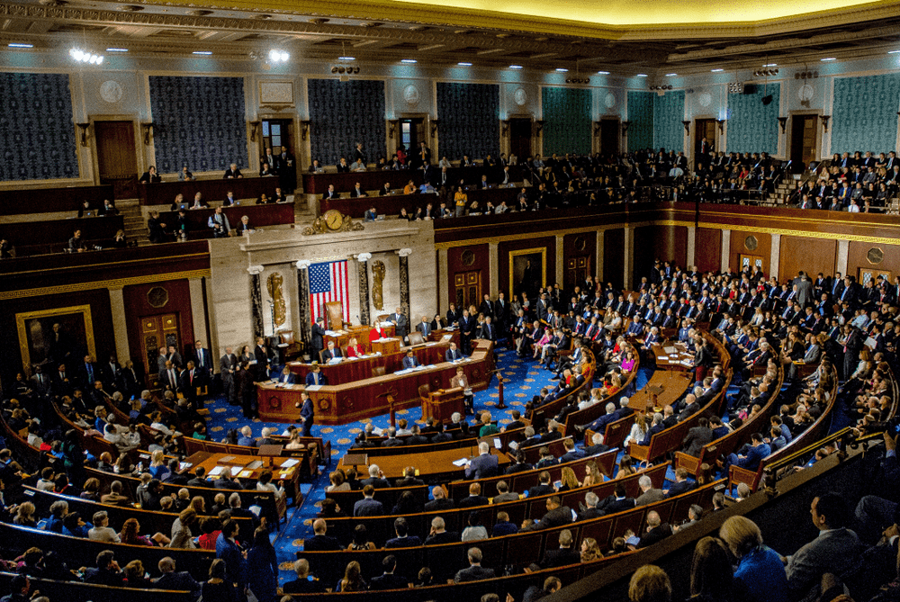 A full session of the U.S. Congress in the Capitol, illustrating the role of political parties in lawmaking and government decision-making. 