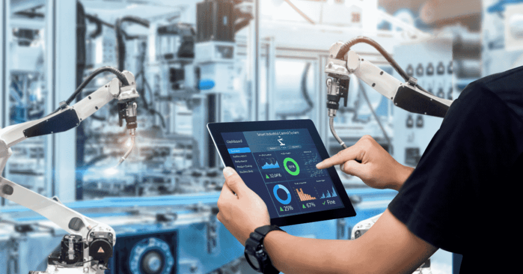 Professional working on a tablet to control factory.
