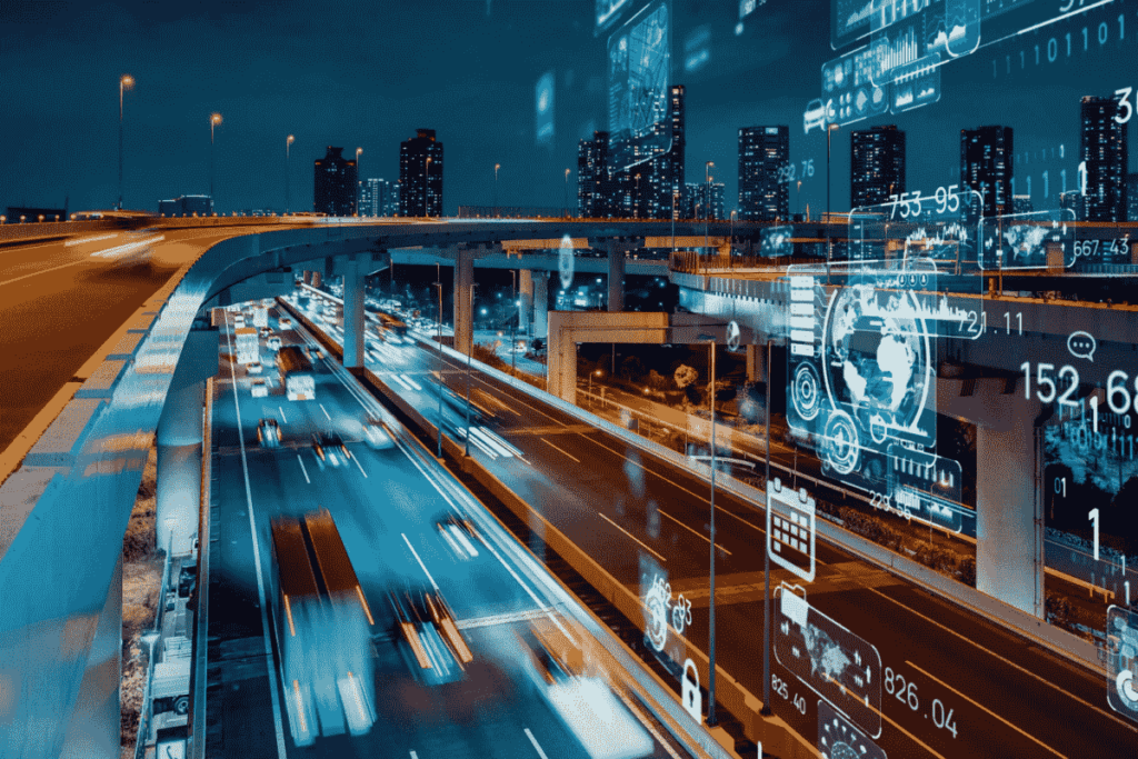 A nighttime city highway overlaid with digital graphics showing smart city analytics to represent big data in urban planning