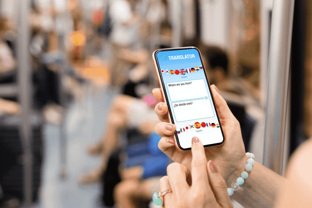 Person using a language learning app on a mobile phone. 