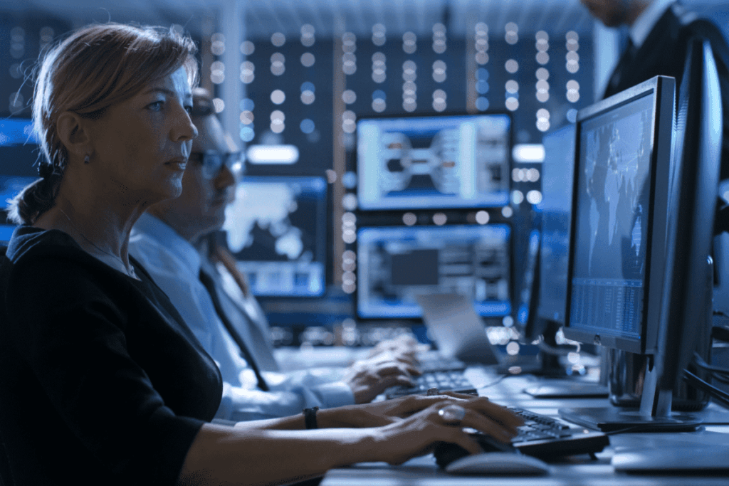 Female federal agent/cybersecurity expert sitting at computer workstation in a high-tech facility.