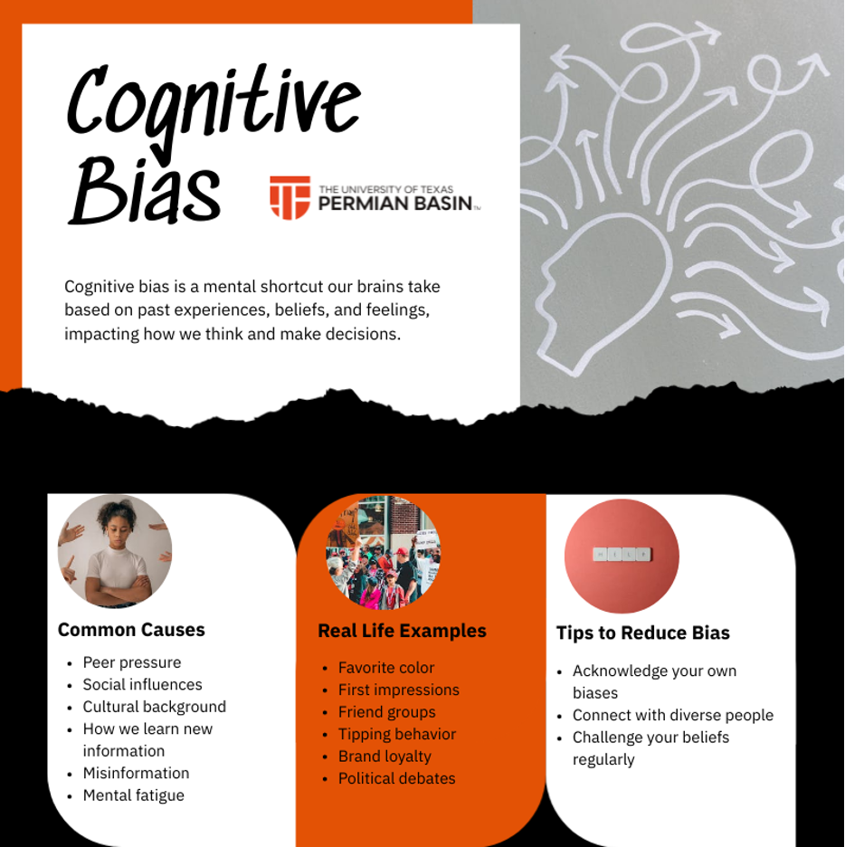 An infographic listing the common cause of cognitive bias, real life examples, and tips to reduce bias on a black, orange and white background with the UT Permian Basin logo at the top center.