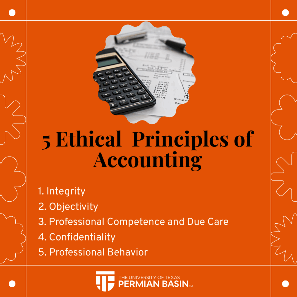 A square, orange graphic titled "5 Ethical Principles of Accounting." The center features a photo of a calculator and financial documents. Below, the five principles are listed: 1. Integrity, 2. Objectivity, 3. Professional Competence and Due Care, 4. Confidentiality, 5. Professional Behavior. White decorative borders and the UTPB logo appear at the bottom. 