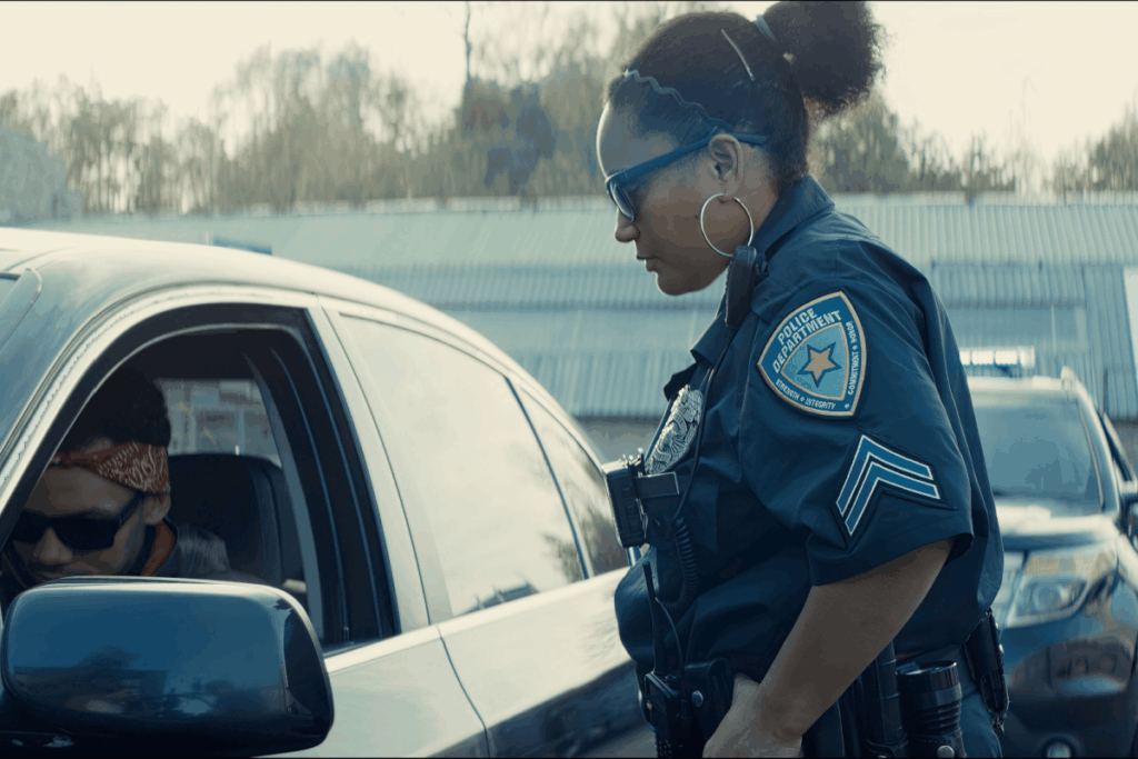 A uniformed female police officer engages with a community member during a traffic stop. 