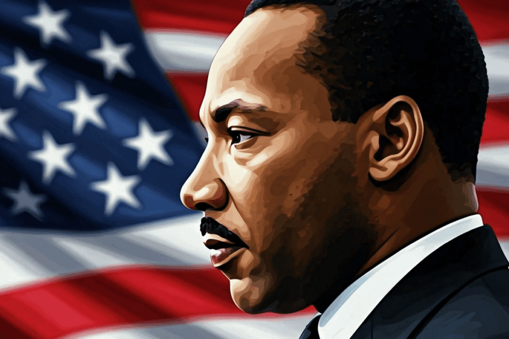 An illustrated portrait of Martin Luther King Jr. in profile, standing in front of the U.S. flag. 