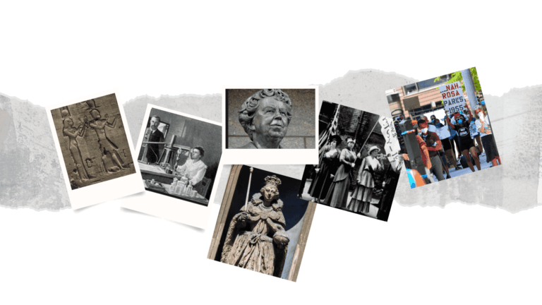 A collage showing six fearless women in history: Cleopatra, Marie Curie, Eleanor Roosevelt, Elizabeth I, Susan B. Anthony, and a modern protest sign honoring Rosa Parks. 