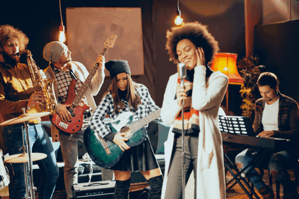 A woman sings with a live band during an indoor music performance. 