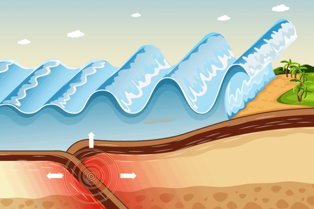 Diagram showing how an undersea earthquake displaces the seafloor, generating tsunami waves that grow taller as they approach the coast.