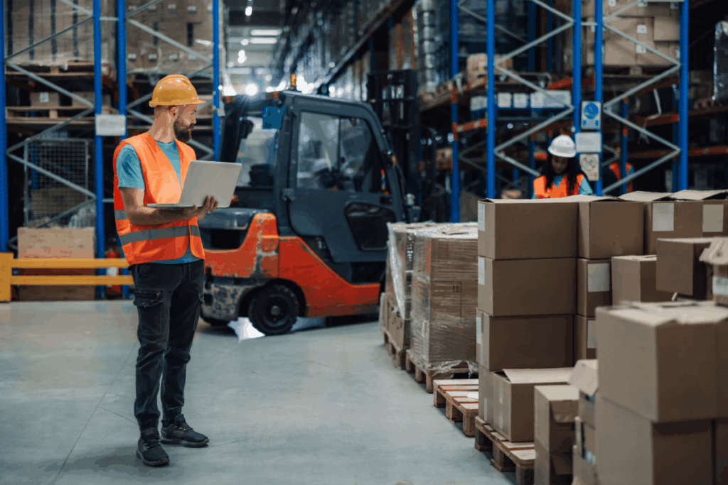 A warehouse worker in reflective vest and helmet uses a laptop to manage inventory.