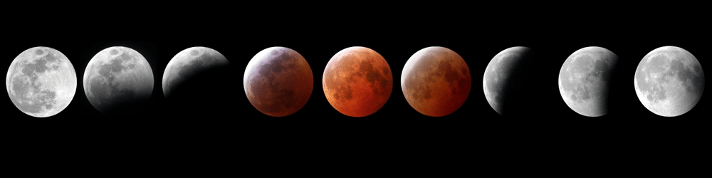 A sequence showing all stages of a lunar eclipse, from the bright full moon to totality and back again as Earth’s shadow moves across the lunar surface. 
