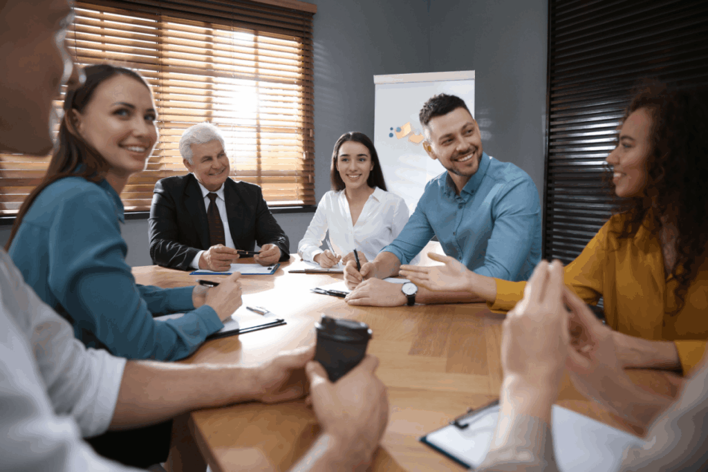 Five education professionals meet around a conference table in a bright office with notebooks and materials. 