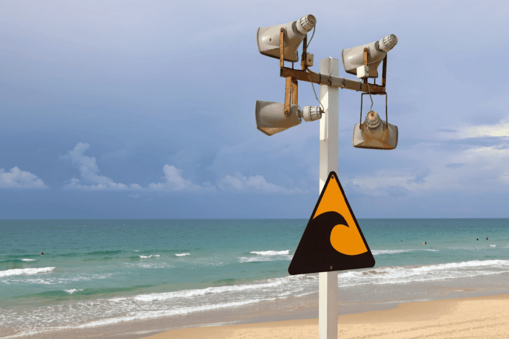 Tsunami warning loudspeakers and evacuation sign mounted on a beach pillar, facing the ocean under a stormy sky. 